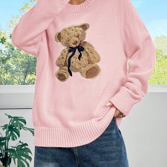 Pink Casual Women's Rib-Knit Long Sleeve Teddy Bear Embroidery Sweater - Picture 2 of 6